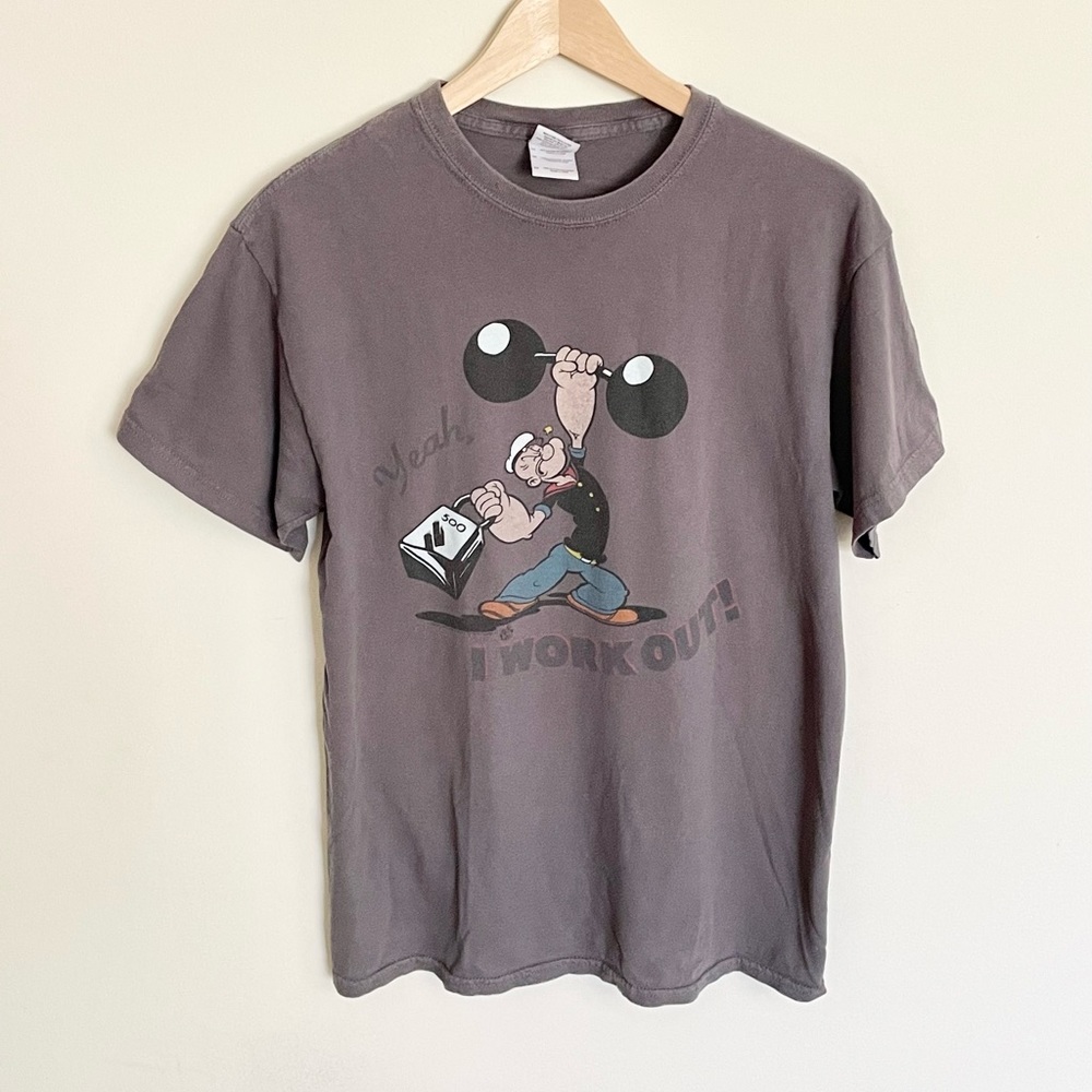 Popeye “Yeah, I Workout!” Gray Cartoon Graphic T Shirt Adult Sz Medium